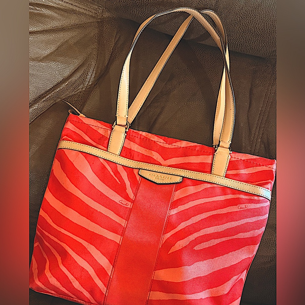 GENTLY USED “ AUTHENTIC COACH” ORANGE Zebra Print Tote Bag